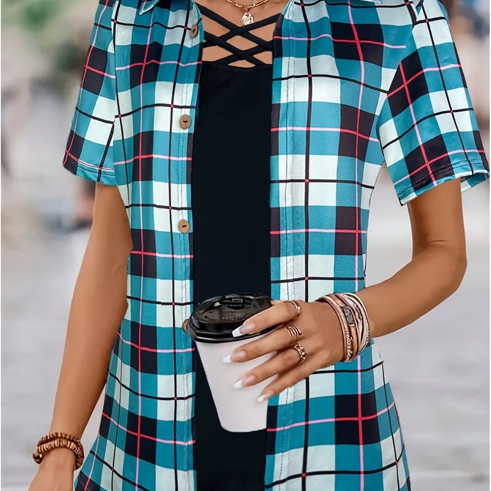 Y2K Plaid Button T-Shirt Cross Strap Cami Stretch‎ Punk Geek Turquoise Large